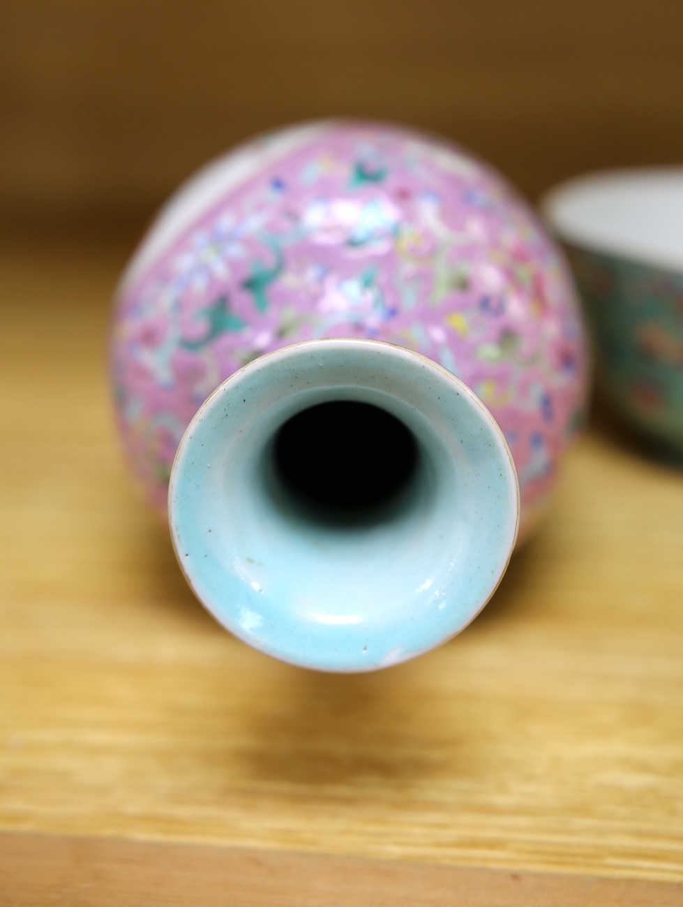 A Chinese pink ground medallion vase, Guangxu period and a Chinese turquoise ground bowl, Tongzhi mark and period, taller 20cm. Condition - vase good, bowl fair